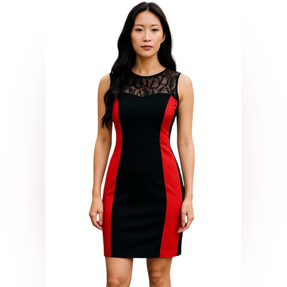 Yoana Baraschi Elegant Colorblock Black Red Lace Yoke Wedding Guest Dress 12